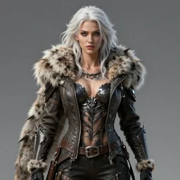 dragon hunter wearing a fur - lined dragonhide jacket!!! beautiful and badass wild white long haired female!! covered chest!!! symmetry, character concept art, sharp focus, illustration, art by artgerm! greg rutkowski magali villeneuve wlop! ilya kuvshinov!! sylvain chomet and charlie bowater! octane render, unreal engine 5, highly rendered!!