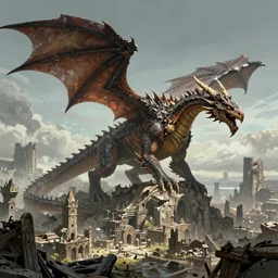 dragon rise forgotten realm  fantasy environment concept art , dragon design language, abandoned/destroyed city, massive scale, medieval time, complimentary color scheme, G liulian Art style, unreal 5, hyperrealistic, realistic, photorealistic, dynamic lighting, highly detailed, cinematic landscape, studio landscape, studio lighting