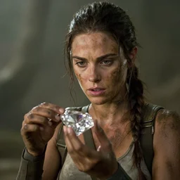 lara croft, muddy face, examine diamond in awe, an film still