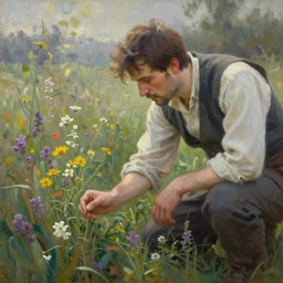 steve buscemi picking wildflowers. gouache fairytale art, russian romanticism, muted palette, backlighting, depth of field