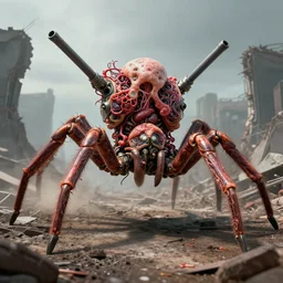 Techno-biological meat spider panzer tank with double long barrel walks through the ruins. Consisting of tumors, veins, guts, kidneys, wires, long spider paws. Bodyhorror, biopunk, extremely high detail, ultra realistic, photorealism, concept art, octane render, view from a distance, 8k, 16k