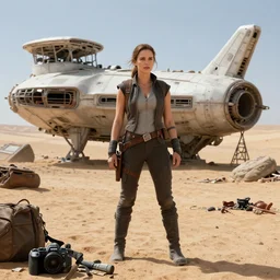 kate beckinsale as rey search for valuables on abandoned spaceship, desert, photography by fred palacio medium full shot still from star wars, sci fi, bladerunner, canon eos r 3, f / 3, iso 2 0 0, 1 / 1 6 0 s, 8 k, raw, unedited