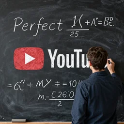 brilliant mathematician writing on blackboard a formula for the perfect YouTube video, youtube logo in chalk