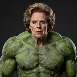 Margaret Thatcher with hulk's body, realistic artstyle, wide shot, dramatic lighting, octane render, hyperrealistic, high quality, highly detailed, HD, beautiful, cinematic, 8k, unreal engine, facial accuracy, symmetrical