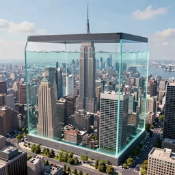 aerial vanishing point view of a giant fish tank shaped like a city in the middle of new york city, 8 k octane render, highly detailed and photorealistic