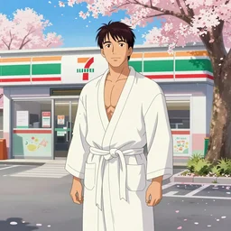 big Lebowski in bathrobe , outside 7/11 parking lot , sakura trees , anime style , poster style