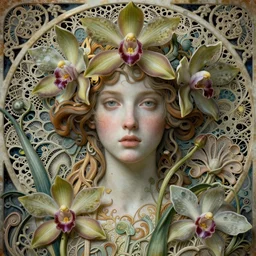 beautiful young orchid fairy detailed realistic porcelain face portrait by jean delville, gustave dore, iris van herpen and marco mazzoni, art forms of nature by ernst haeckel, art nouveau, symbolist, visionary, gothic, neo - gothic, pre - raphaelite, fractal lace, intricate alien botanical biodiversity, surreality, hyperdetailed ultrasharp octane render
