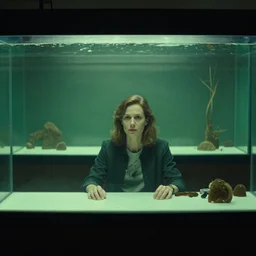 photo of an aquarium behind a woman seated at a desk, tim hildebrandt, by wayne barlowe, trending on artstation, cinematic composition, simple detail. greenish lighting,