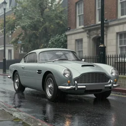 a wholesome animation key shot of!! one!! focused!! aston martin db 5!!, front wheels turned, on a wet london street, raining, wide shot, studio ghibli, pixar and disney animation, sharp, very detailed, high resolution, rendered in unreal engine 5, anime key art by greg rutkowski, bloom, dull atmospheric lighting