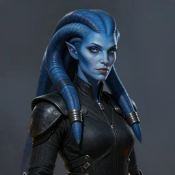 portrait of a female Twi'lek sith by Greg Rutkowski, blue skin, she is about 30 years old, wearing black sith uniform, Star Wars Expanded Universe, highly detailed portrait, digital painting, artstation, concept art, smooth, sharp foccus ilustration, Artstation HQ