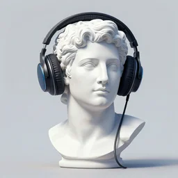 a roman bust wearing headphones, in the style of vaporwave art