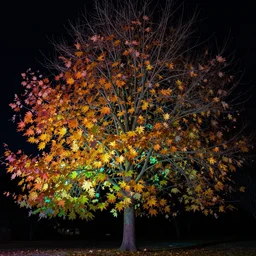 highly detailed realistic photo of colorful glowing leaves flowing from dry tree at night, very sharp focus, award winning masterpiece photography, hyper realistic, concept art, 8 k detail post - processing