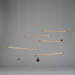 a type of kinetic sculpture constructed to take advantage of the principle of equilibrium. it consists of a number of rods, from which weighted objects or further rods hang. the objects hanging from the rods balance each other, so that the rods remain more or less horizontal. each rod hangs from only one string, which gives it the freedom to rotate about the string. an ensemble of these balanced parts hang freely in space, by design without coming into contact with each other.