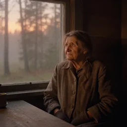 portrait bust of old woman sitting at table, hands in pockets, looking outside, tired expression, faded color film, russian cinema, tarkovsky, technicolor, inside old cabin, next to window, heavy forest outside, long brown hair, old clothing, heavy fog, brown color palette, sunset, low light, hudson river school, 4 k, dramatic lighting