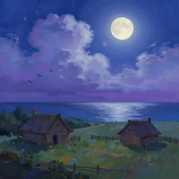 a beautiful illustration of the shire at night, art of alena aenami, featured on artstation, vertical orientation, paint brush strokes, expressionism, brushstroke - laden, breathtaking clouds, birds, ocean, beautiful stars, long exposure, big moon radius, airy midnight theme, blue purple gradient, lens flare