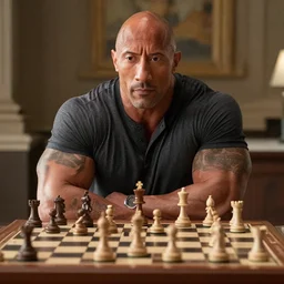 a film still Dwayne Johnson playing chess