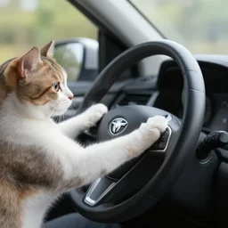 cat driving a car with its paws on the wheel, photo, detailed, 4k
