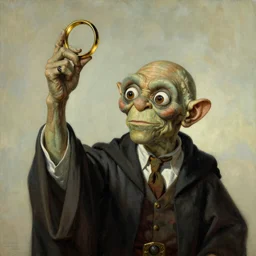 Gollum holding the ring of power over his head, oil painting, by Salvador Dali