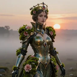 hyperdetailed portrait of beautiful queen's flower moss armored latex girl in the fog. tarot card. by greg rutkowski, highly detailed portrait, digital painting, artstation, concept art, smooth, sharp foccus ilustration, artstation hq. intricate, elegant. art by wlop and artgerm and greg rutkowski and alphonse mucha, masterpiece. medium shot. sunset dramatic