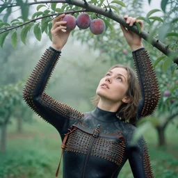 a closeup portrait of a woman wearing a wetsuit made of rusted nails and ribbons, picking plums from a tree in an orchard, foggy, moody, photograph, by vincent desiderio, canon eos c 3 0 0, ƒ 1. 8, 3 5 mm, 8 k, medium - format print