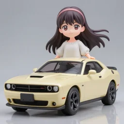 complete figure of dodge challenger car chan wearing a comfy blouse, tsurime eyes, tareme eyes, eyes by kon satoshi, personification, dynamic pose, amiami, aniplex, kotobukiya, good smile company, beautiful composition, 4 5 mm lens, focal length 2, telephoto lens, hdr, iso 1 0 0 single point focus