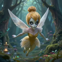 undead tinker bell flying in an enchanted forest, flawless symmetrical pretty cute face, greg rutkowski, 8 k, shallow depth of field, intricate detail, concept art,