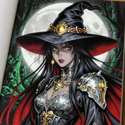 glowing silver and golden elements, full close-up portrait, A beautiful dark witch in front of the full big moon, book cover, green forest, red white black colors, establishing shot, extremly high detail, foto realistic, cinematic lighting, pen and ink, intricate line drawings, by Yoshitaka Amano, Ruan Jia, Kentaro Miura, Artgerm, post processed, concept art, artstation, matte painting, style by eddie, raphael lacoste, alex ross