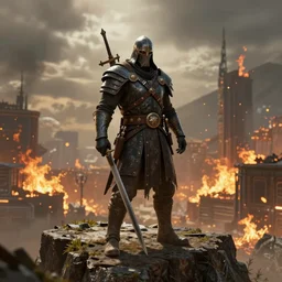 warlord standing over a cliff with a city burning behind unreal 4k, digital art,
