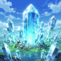 an enchanted anime inspired isekai water crystals mines glowing ore, anime aesthetic, bright blue and cyan sky. by greg rutkowski, in the style of a grand adventure