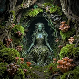 a psychonaut under dmt dreaming of mother nature's lair, photography, shot on 7 0 mm, super - resolution microscopy, exposure, megapixel, evil, nano, moss, tremella - fuciformis, ray tracing reflections, ray traced, insanely detailed and intricate, hypermaximalist, elegant, ornate, hyper realistic, super detailed