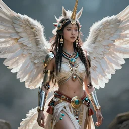 hyper realistic photography portrait of postapocalyptic cyberpunk asian cyborg tribal warrior angel unicorn cinematic, brom, mucha, moebius juan gimenez artstation, cgsociety
