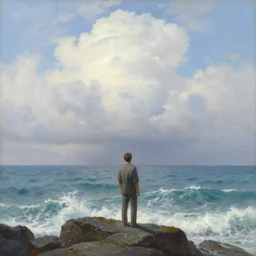 a beautiful painting of a man looking in the distance towards an ocean above the clouds, waves crashing at rocks, airy theme, breathtaking clouds, volumetric fog, by asher brown durand and rembrandt, featured on artstation, vertical orientation, perfect composition, work of art