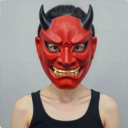 detailed 6 0 0 mm realistic portrait of asian girl with big eye, with black tank top wear red demon mask focuses on the nuances of the human face and subtle shifts in tonal value, silhouette composition, neutral, cool - toned palette, fluid patterns, powerful composition, opaque paints, grid method paint.