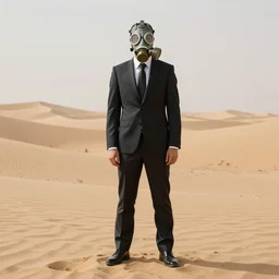 man in a suit and wearing a gas mask standing in a desert wasteland background, dreary, smooth, beautifully detailed, by alena aenami