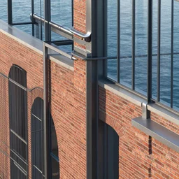architecture, brick, metal, glass, water, digital art, fine details, highly detailed