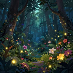 an enchanted forest full of tropical flowers and fireflies, by joe jusko, trend in artstation