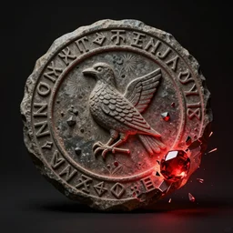 a stone disk talisman with a carving of a bird in its center and runes along its edges, the stone disk half aglow and half dark, a crimson jewel shattering against the disk on a dark background, trending on artstation, digital art ( by tomasz jedruszek ) ( by senfeng chen ) ( by lorenzo lanfranconi )