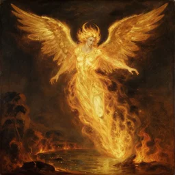 firey archangel made of gold flying above a lake of fire, sparkling embers, renaissance oil painting