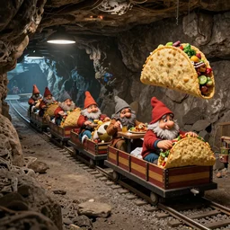 a subterranean taco bell with a railroad backed up with bedraggled dwarves coming in for dinner riding in minecarts