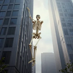 large human skeleton ascending the side of a ( ( skyscraper ) ) using his hands, 8 k, volumetric lighting, epic scale, surrealism, hyperrealistic, aesthetic octane render