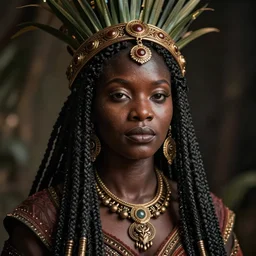 hyper realistic photography portrait of postapocalyptic medieval religious occult african amazon cinematic, brom, moebius, juan gimenez