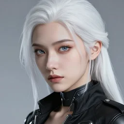 highly detailed portrait of beautiful white haired android female, wearing a black jacket, very beautiful face, very detailed eyes, intricate, cgsociety, cinematic studio lighting