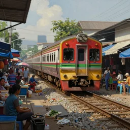 a train traveling down train tracks through a busy street market, maeklong railway market, market stalls, a hyperrealistic painting by ryan yee, shutterstock contest winner, magical realism, cluttered, behance hd, photorealistic
