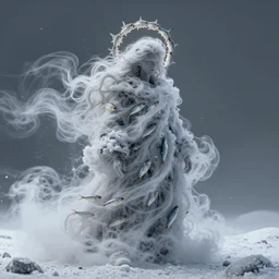 man made of swirling smoke and wind - blown snow, wearing a halo of minnows, photorealistic, highly detailed, octane render