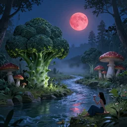 giant broccoli and enormous mushroom enchanted forest. River running in the middle. Full red moon. Blue and foggy midnight ambient. Women drinking wine on the shore