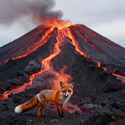 a fox inside of magma in a volcano