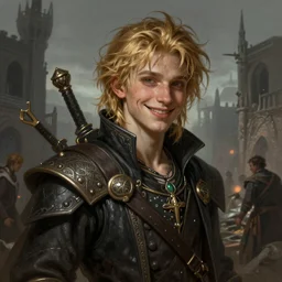 portrait of a young thief in the slums of a fantasy city, dirty blonde hair, d & d, fantasy, joyful smirk, intricate, elegant, highly detailed, digital painting, artstation, concept art, matte, sharp focus, illustration, art by artgerm and greg rutkowski and alphonse mucha