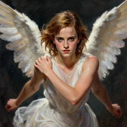 Angel, perfectly-centered-painting of young Emma Watson in Mad Men looking at the camera, hands not visible, sweaty, wet, dynamic action pose, insane, intricate, highly detailed, digital painting, photography, artstation, concept art, smooth, sharp focus, illustration, Unreal Engine 5, 8K, art by artgerm and greg rutkowski and alphonse mucha