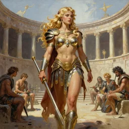 A mixed media painting of a beautiful blonde warrior goddess in a coliseum, gladiator armor, very aesthetic, curvy, detailed face and eyes, by Frank Frazetta, Boris Vallejo, Greg Rutkowski, Beeple, Yoko Taro, Christian MacNevin, epic fantasy character art, roman numerals, high fantasy, CGsociety, full length, exquisite detail, post-processing, masterpiece, cinematic, coliseum backdrop