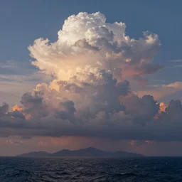massive cumulonimbus clouds at sunset where the sea mountains meet the tumultous sea. in the style of a surreal and sublime oil on canvas masterpiece mural painting by the great masters, awesome and inspiring detail, unreal engine, 4 k, matte finish
